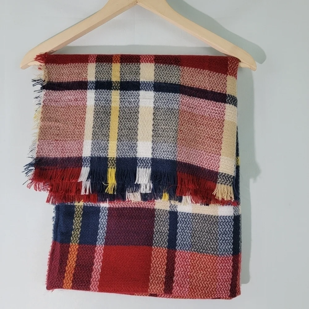 Fall Winter Shawl Blanket Throw In Red/Navy/Yellow 54 X 58